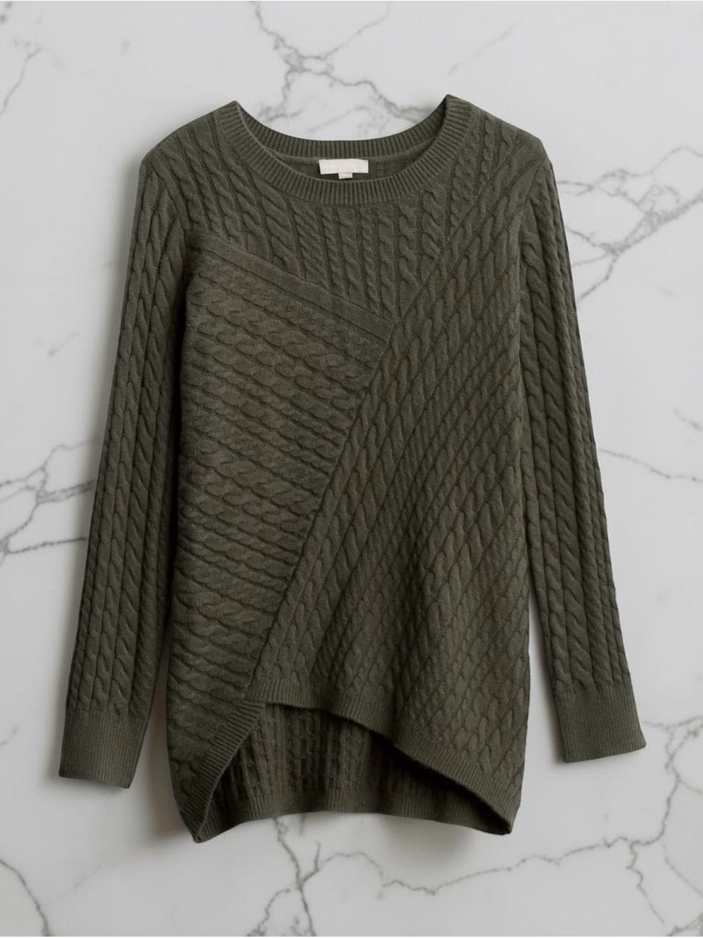 Evolution by Cyrus Aneesa Cable Knit Asymmetrical Hem Sweater - Olive
